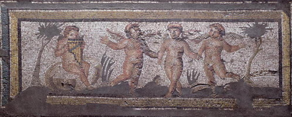 Three dancing putti accompanied by one playing the pan pipes, border detail from a mosaic pavement d a 