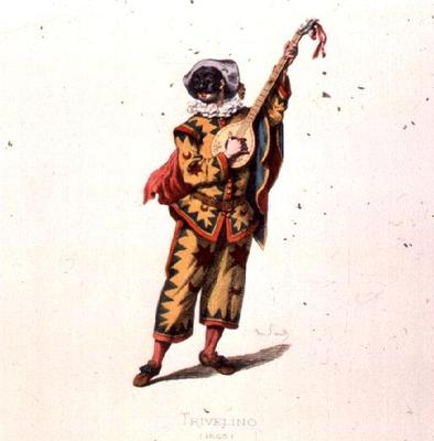 Trivelino, Character from the Commedia dell'Arte, by Sand, 19th century (coloured engraving) (see al a 