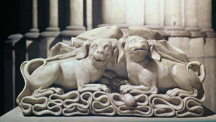 Two dogs seated on folds of a tomb, 12th century (marble) a 