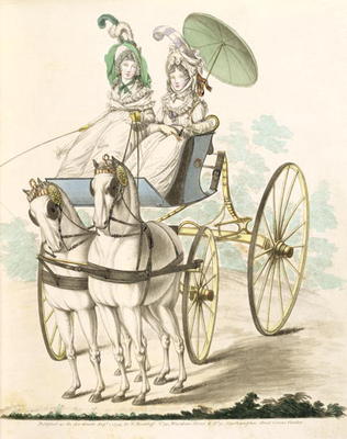 Two ladies, en negligee, taking an airing in a phaeton, from Nikolaus Heideloff's Gallery of Fashion a 