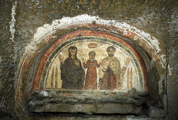 Tympanum depicting the family of the bishop Theotecnus, 5th-6th century AD (mosaic) a 