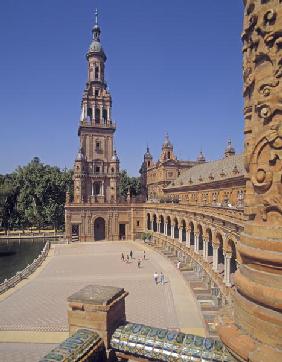 View of the semicircular arcade, each tiled and columned section representing a province of Spain, d