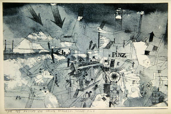 View of the severely threatened city of Pintz, 1915 (no 187) (pen and w/c on paper on cardboard)  a 