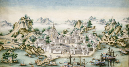 View Of Macao, Looking East With European Figures And Shipping In The Foreground a 