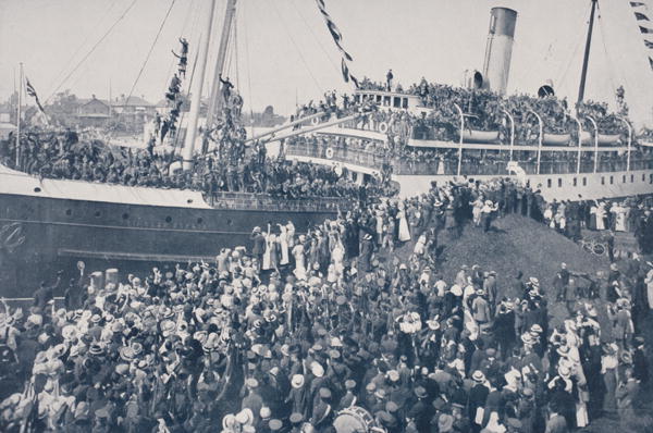 Volunteer Canadian troops embarking at Victoria, British Columbia, Canada (b/w photo)  a 