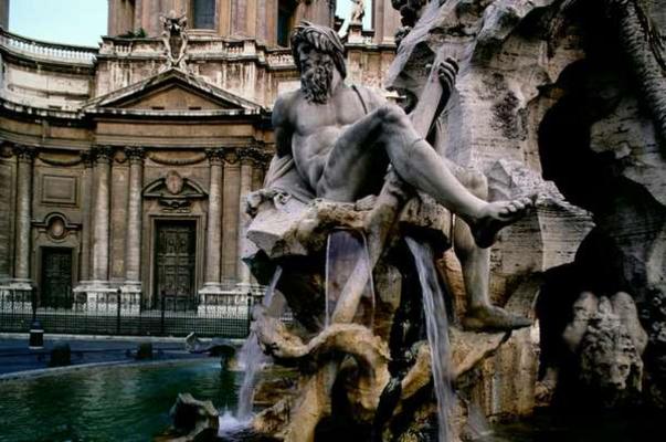 View of the Four Rivers Fountain by Gian Lorenzo Bernini (1598-1680) and the Facade of Saint Agnes i a 
