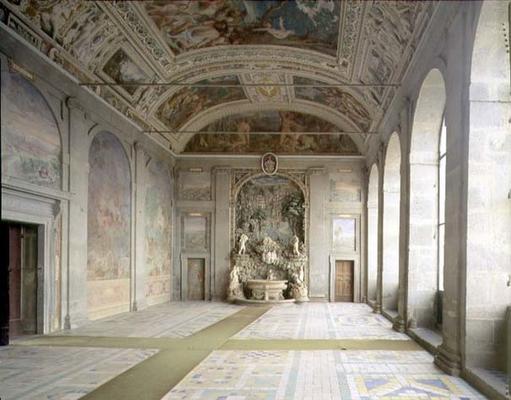 View of the 'Sala d'Ercole' (Hall of Hercules) on the piano nobile, with a fountain at the far end ( a 