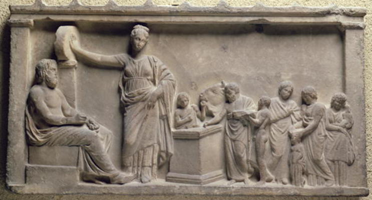 Votive relief depicting a family sacrificing a bull to Asclepius, the god of health and his daughter a 
