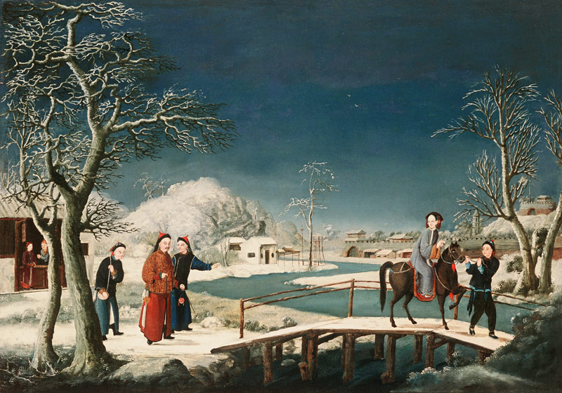 Winter: A Frozen River Landscape With A Lady On A Horse Crossing A Bridge a 