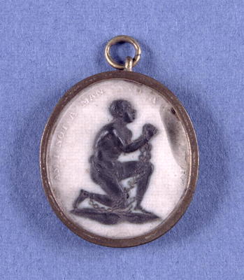 Wedgwood Jasper Medallion mounted in an oval pendant, depicting a slave and the inscription 'Am I No a 