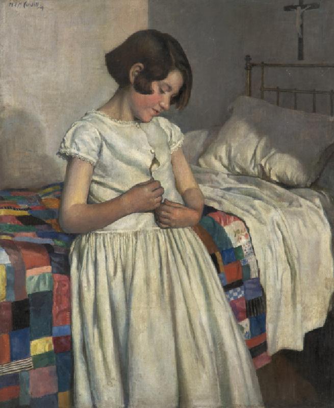 The Patchwork Quilt, 1919 (oil on card) a Nora Lucy Mowbray Cundell