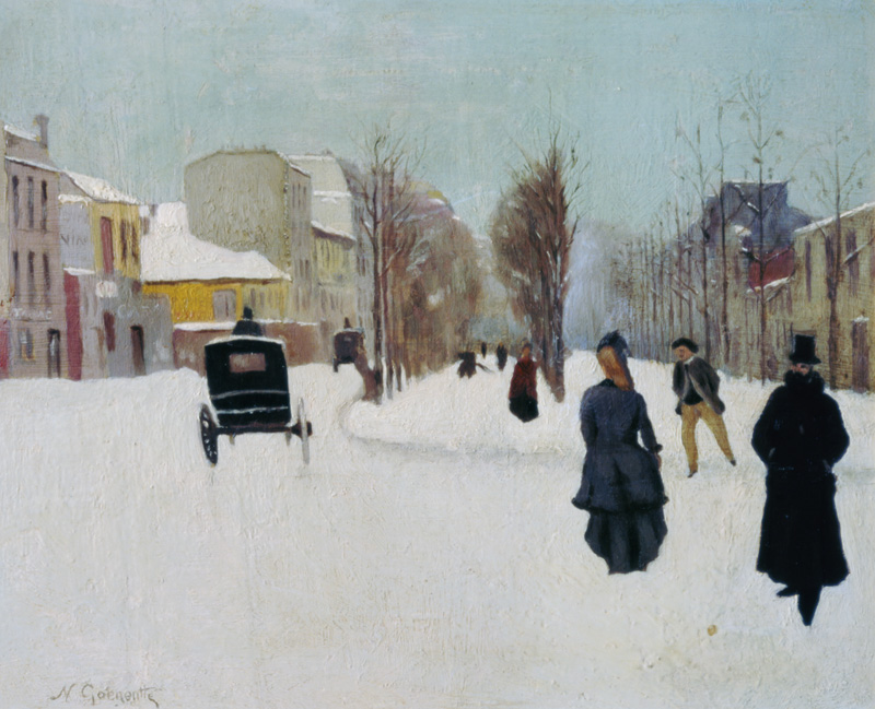 French street scene with snow (oil on metal) a Norbert Goeneutte