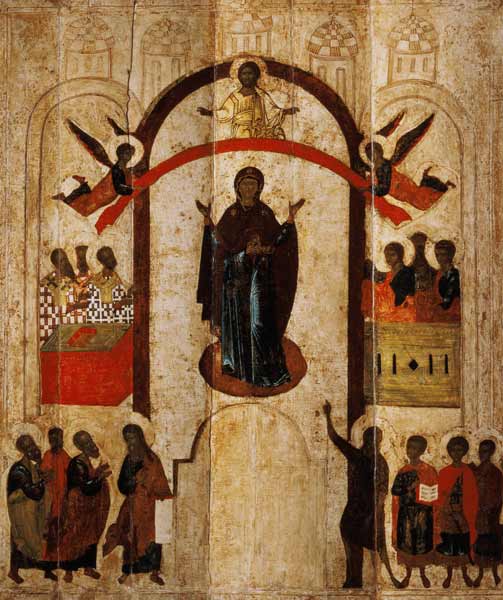 The Protection of the Theotokos (Mother of God) Russian icon from the Zverin Monastery a Novgorod School