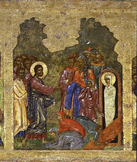 The Raising of Lazarus, Russian icon from the iconostasis in the Cathedral of St. Sophia a Novgorod School