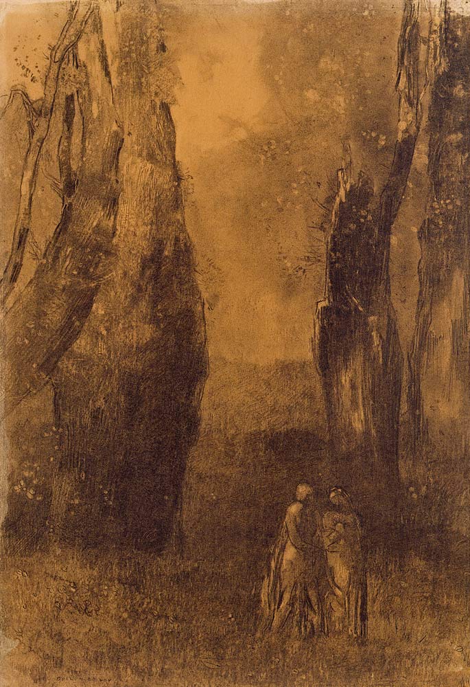 Lovers in a rocky landscape (charcoal) a Odilon Redon