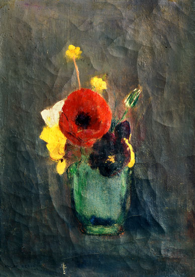 Blumenstrauss with poppies in a green vase a Odilon Redon
