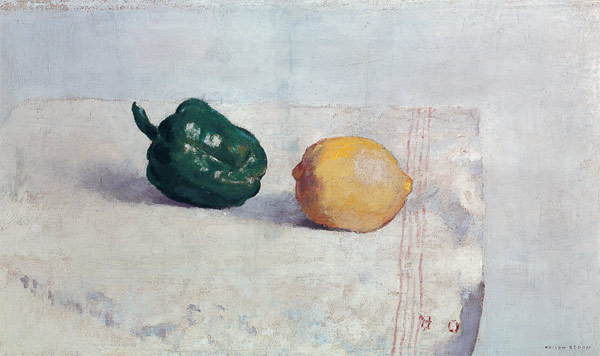 Pepper and Lemon on a White Tablecloth a Odilon Redon