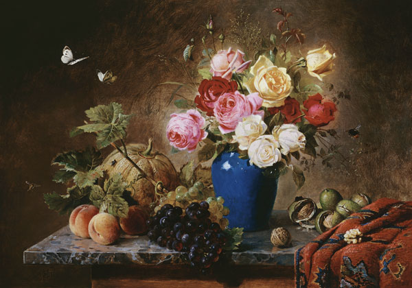 Rosenstrauß, Pfirsiche, Walnüsse und Weintrauben auf einer Marmorplatte a Olaf August Hermansen