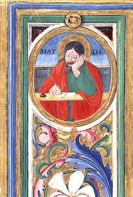 Ms 542 f.3v St. Matthew writing the first gospel from a psalter written by Don Appiano from the Chur a or di Giovanni Monte del Fora