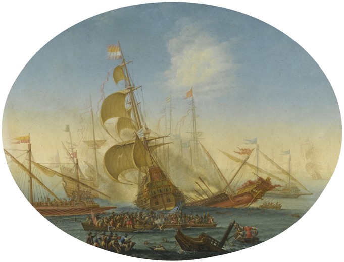 A naval battle between Turks and Christians a Orazio Grevenbroeck