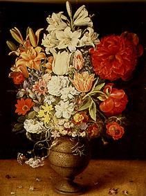 Lilies, Päonien, tulips, roses and other flowers in brown clay jug a Osias Beert I.
