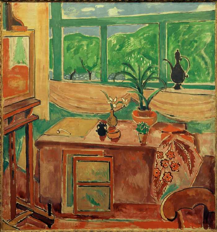 Studio still-life with iris and many– paned window a Oskar Moll