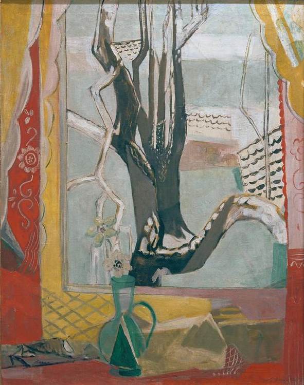 View through the window on a show– covered tree a Oskar Moll