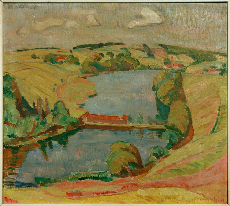 Landscape at Ebersberg with lake a Oskar Moll