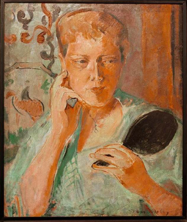 Portrait Margarethe with black hand mirror a Oskar Moll