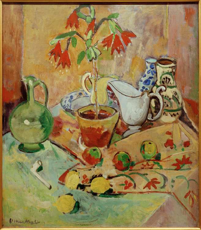 Still life with potted plant and pitchers, fruits and whistle a Oskar Moll