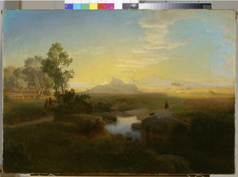 Abendliche Landschaft mit einem im Gegenlicht liegenden Felsmassiv a Oswald Achenbach