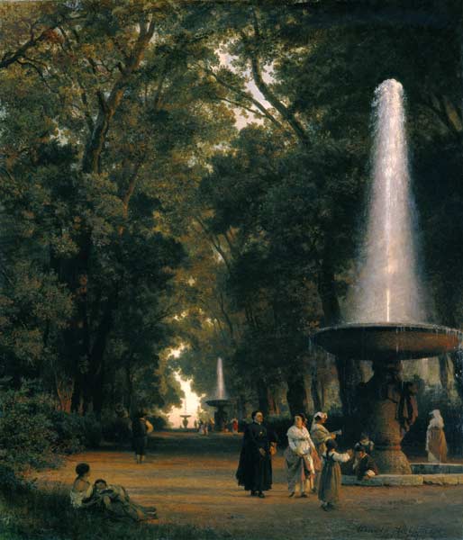Parklandschaft mit Springbrunnen. a Oswald Achenbach