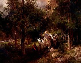 Procession in the larch woods. a Oswald Achenbach