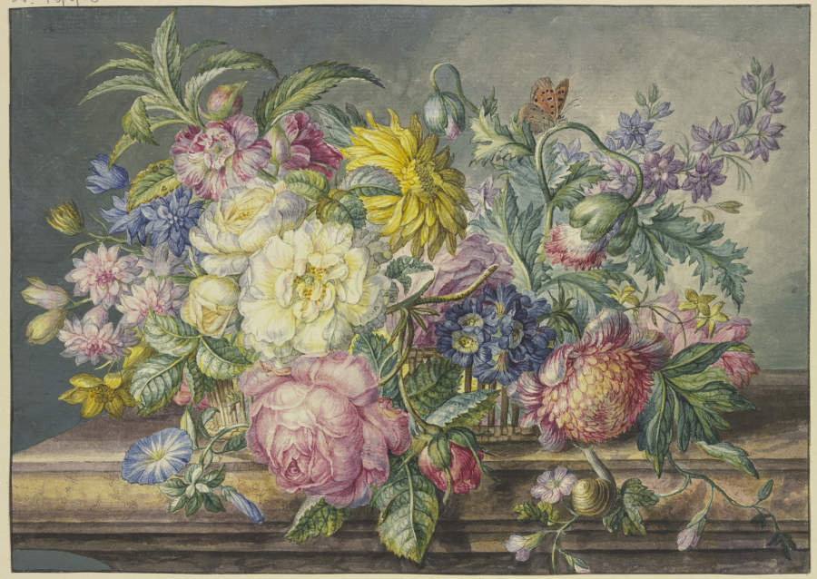 Blumenstrauß in einem Korb, dabei eine Schnecke und ein Schmetterling a Oswald Wijnen