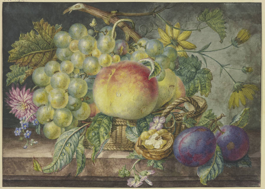 Fruchtstück, ein Korb mit Trauben und Pfirsichen, dabei eine Nuss und zwei Pflaumen a Oswald Wijnen