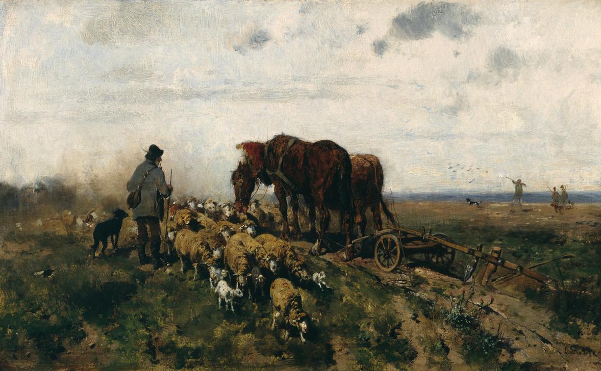 Schäfer mit seiner Herde neben einem von zwei Ackergäulen gezogenen Pflug a Otto Gebler