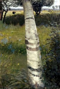 Birch in a blossoming landscape. a Otto Modersohn