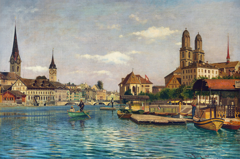 Zürich mit dem Limmat mit Blick auf die Fraumünsterkirche, St.Peter, das Helmhaus und Großmünster a Otto Pilny