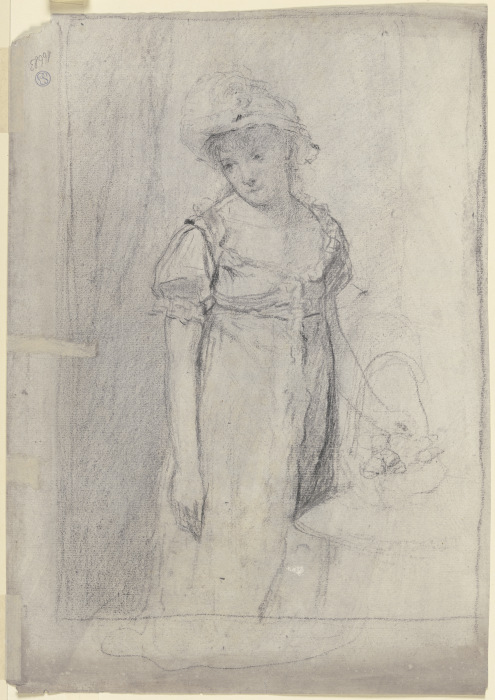 Junge Dame mit Hut und Blumenkorb, an einem Tisch stehend a Otto Scholderer