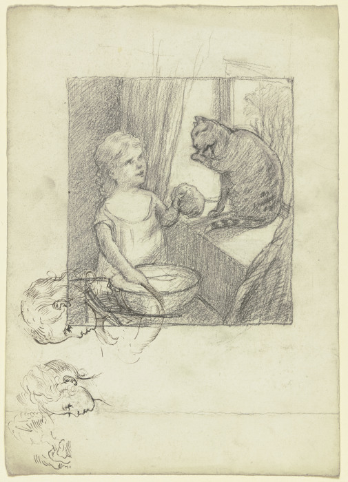 "Katzenwäsche", dabei Studien eines Kinderkopfes im Profil nach links a Otto Scholderer