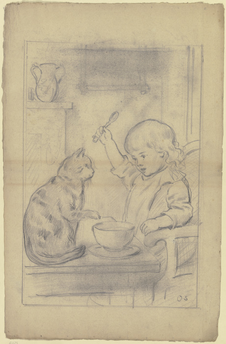 Kind am Esstisch mit Katze a Otto Scholderer