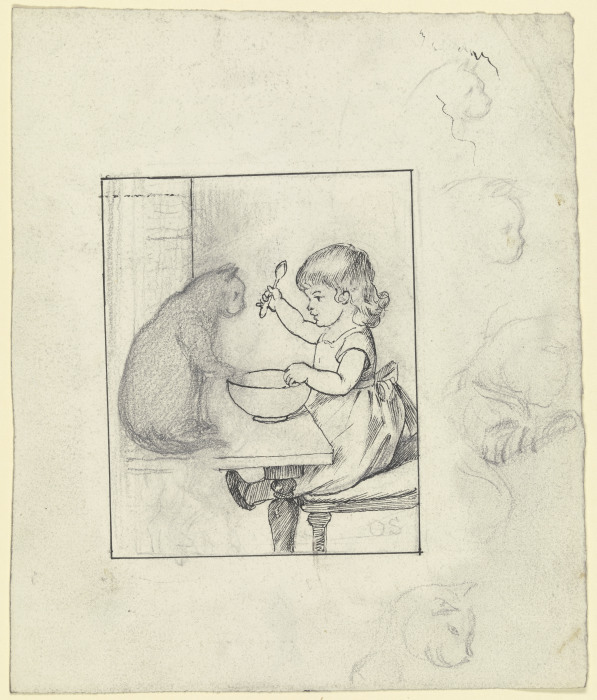 Kind am Esstisch mit Katze, rechts vier Skizzen eines Katzenkopfes im Profil a Otto Scholderer