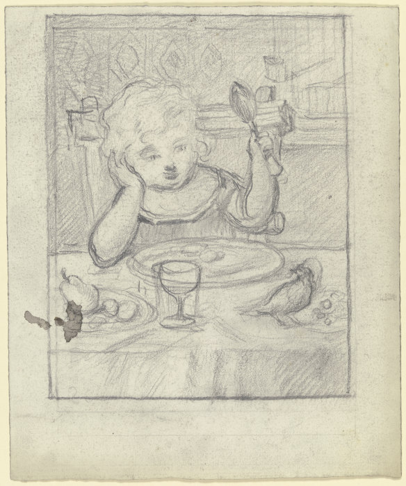 Kind am Tische mit Löffel und Vogel a Otto Scholderer