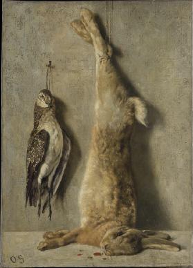 Still Life with Dead Hare and Guinea Fowl in Front of a Grey Wall