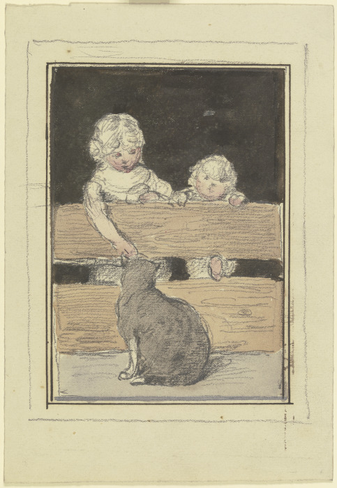 Zwei Kinder am Zaun mit einer Katze a Otto Scholderer