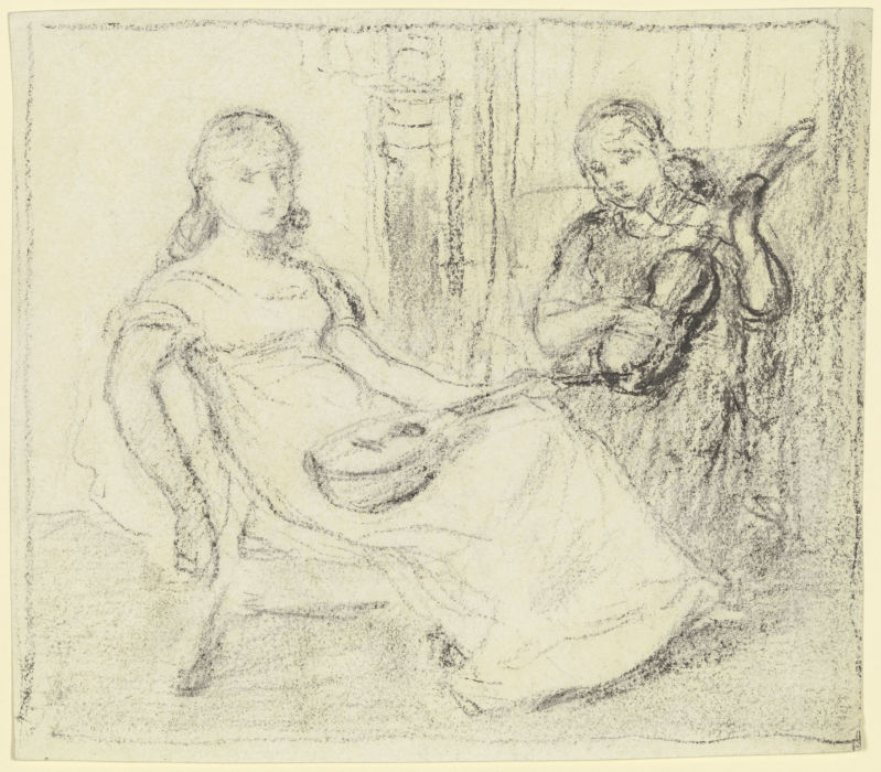 Zwei Mädchen mit Streich- und Zupfinstrumenten a Otto Scholderer