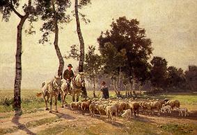 Shepherd with herd at havung a talk with a mounted Farmer a Otto Strützel