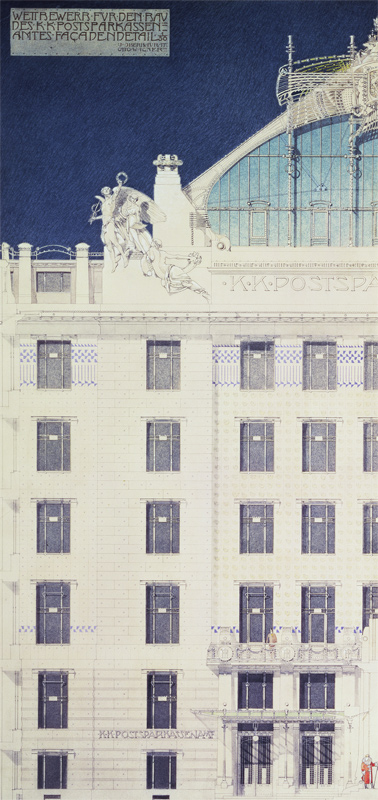 Post Office Savings Bank, Vienna, design showing detail of the facade a Otto Wagner