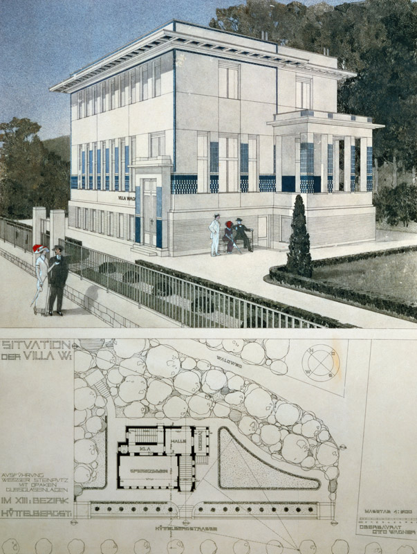 Villa Wagner, Vienna, design showing the exterior of the house, built of steel and concrete in sever a Otto Wagner