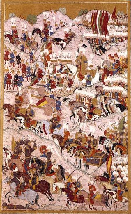 TSM H.1524 'Hunername' manuscript: Suleyman the Magnificent (1494-1566) at the Battle of Mohacs in 1 a Scuola Ottomanna